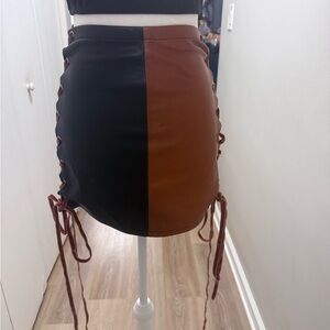 AKIRA Black and Brown Lace-Up Mini Skirt